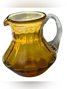 Vintage 3.5” Amber Pilgrim Glass Mini Pitcher Clear Scored Handle Hand Blown